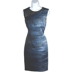 T Tahari Sleeveless Midi Black Blue Snakeskin Print Dress